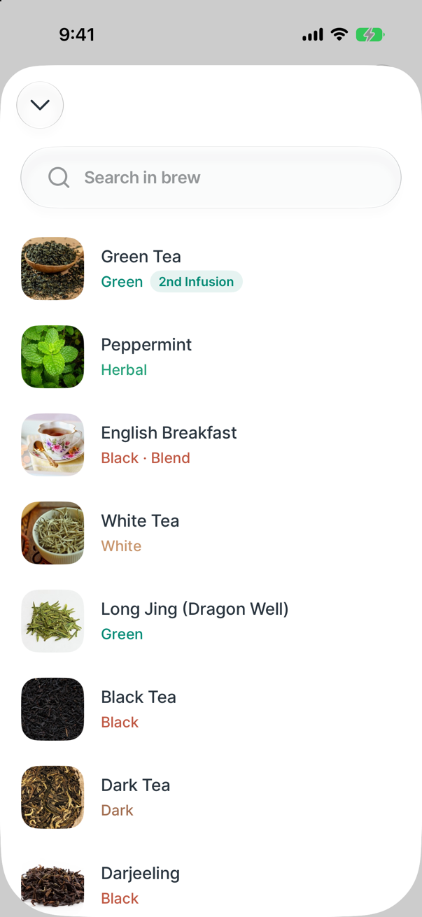 Steeped on iPhone: searching teas, with green, black, white and herbal teas listed