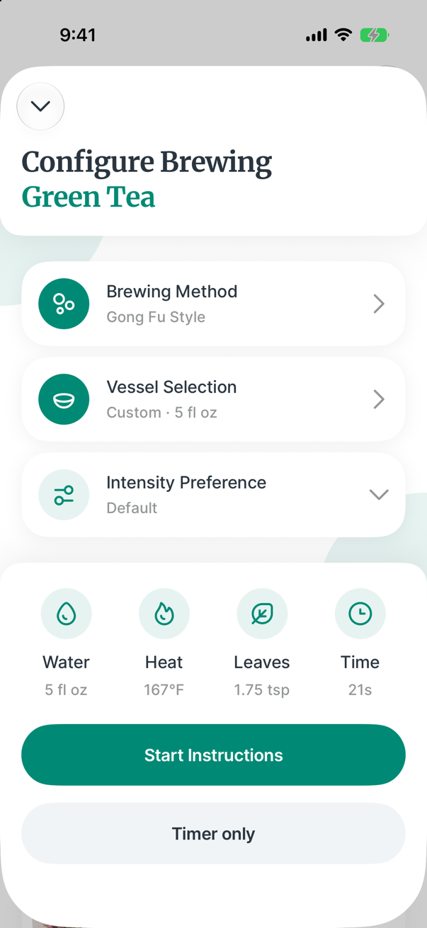 Steeped on iPhone: the brewing setup for a green tea, gong fu style, with water, heat, leaves and time