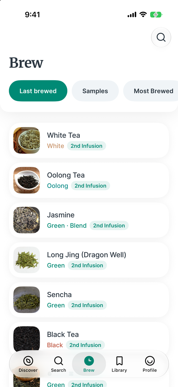 Steeped on iPhone: the teas you brewed last, each on its second infusion
